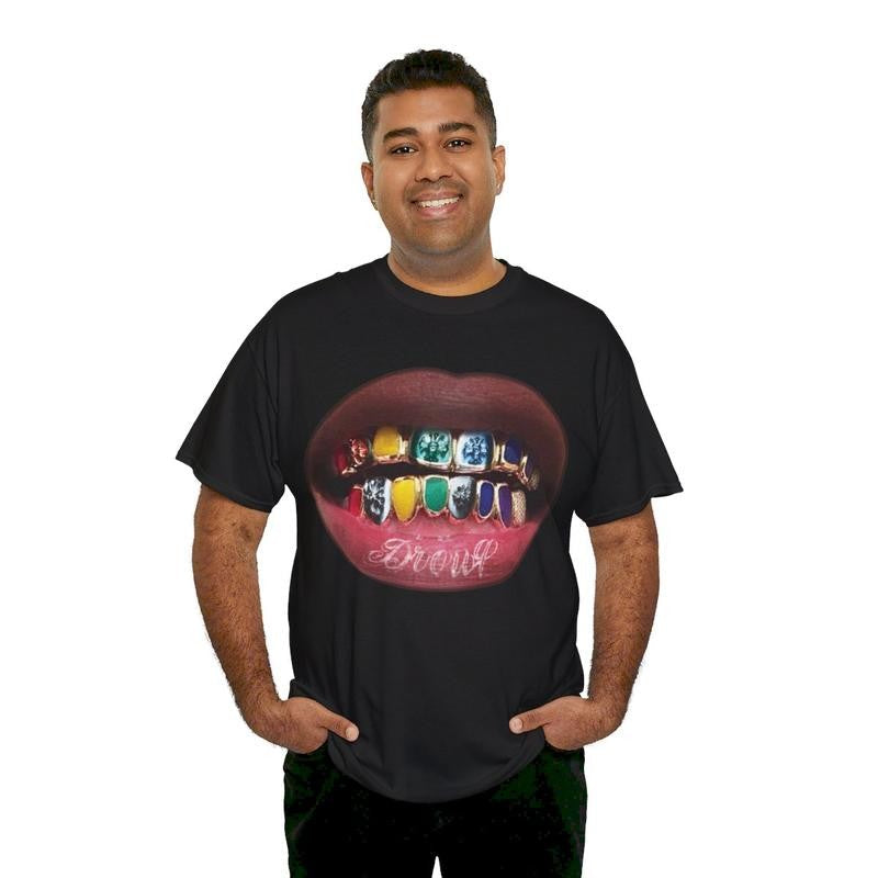 Vintage Icy Rainbow Grill Teeth Drouq Y2k 90s Hip-Hop Vibes Heavy Cotton Graphic T-Shirt Tshirt Shirt HipHop Rap Tee Casual Menswear Retro Top Classic Oversized Comfy Underwear Streetwear Crewneck