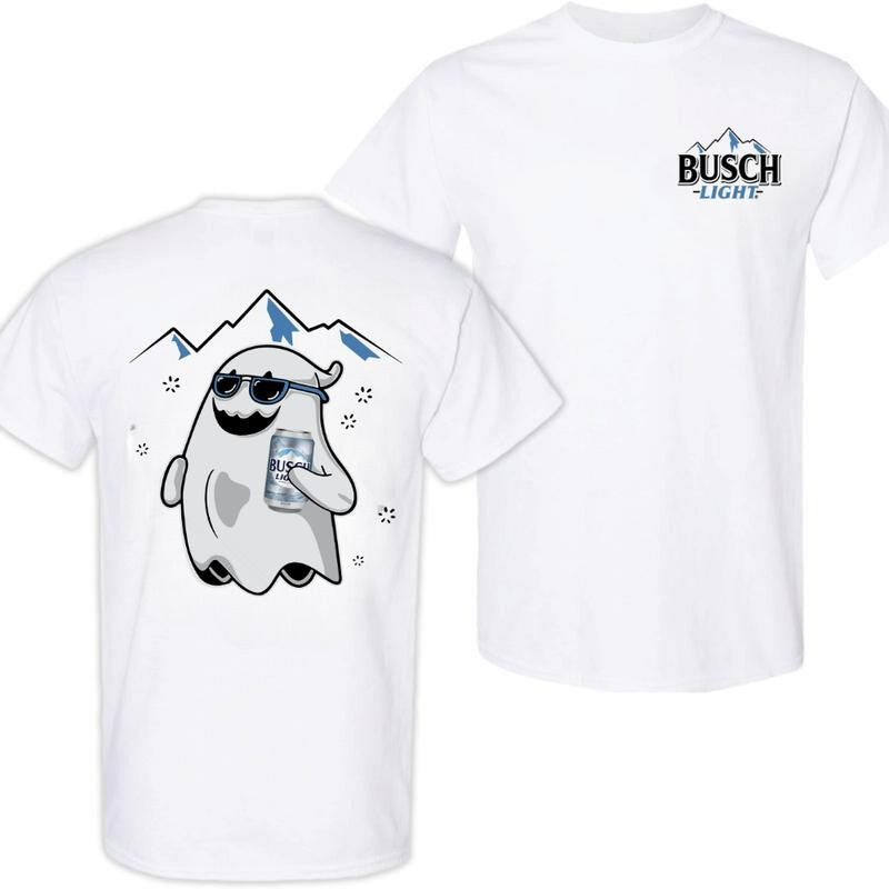 Busch Light, Busch Light Ghost Halloween 2 Sided T-Shirt, Halloween T-Shirt, High-Quality Printing, All Seasons, Casual Fitted, For Men And Women Menswear Top Tshirt Streetwear Crewneck