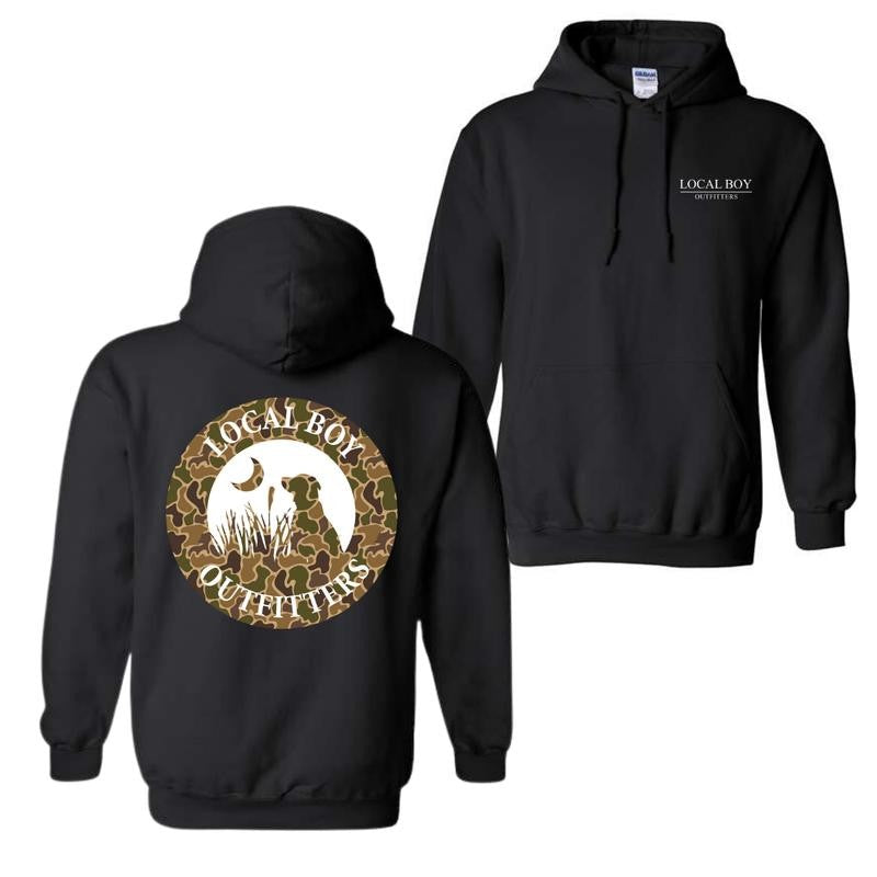 Local Boy Outfitters Hoodie - Classic Camouflage Dog Design Featuring Moon Graphics, Perfect for Outdoor Enthusiasts and Dog Lovers, For Men For Women