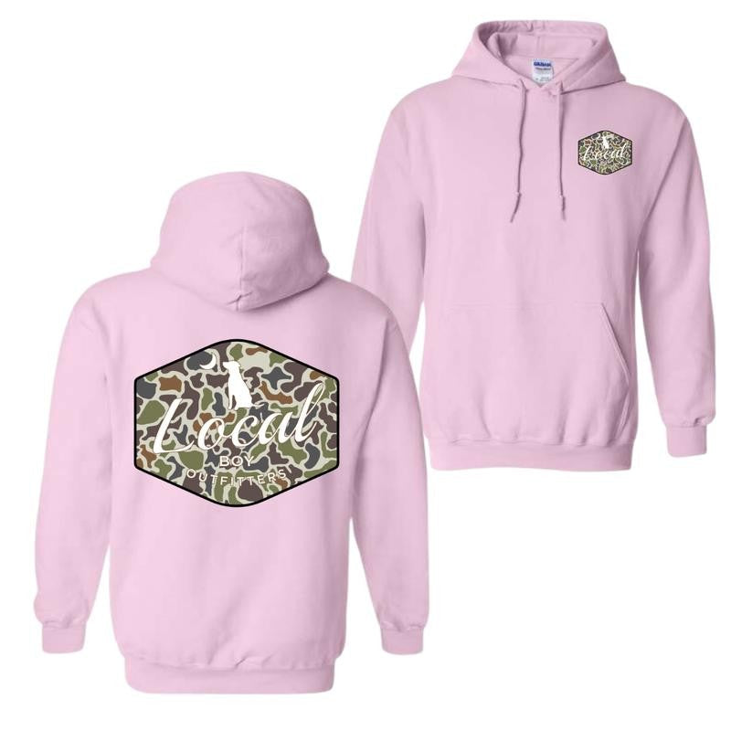 Local Boy Outfitters Dog Camo Hoodie and T-shirt - Classic Camouflage Design with Minimalist Logo, Perfect for Outdoor Adventures and Casual Wear, For Men For Women