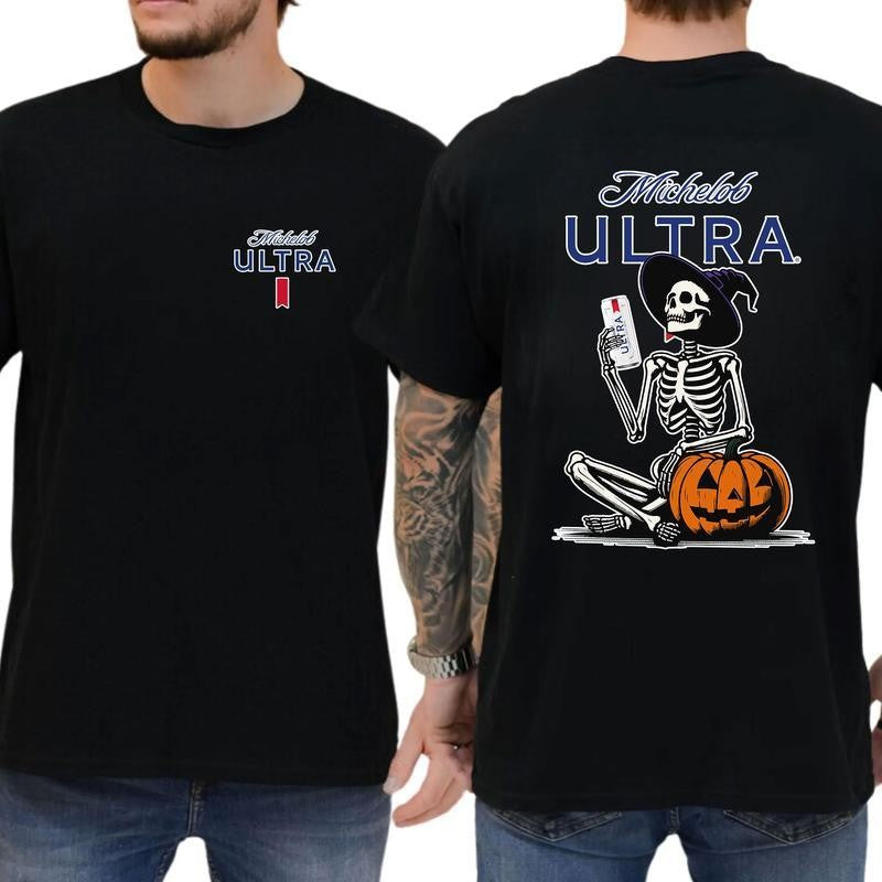 Michelob Ultra, Michelob Ultra Halloween Skeleton Pumpkin 2 Sides T-Shirt, Michelob Ultra Halloween Shirt, Halloween Shirt, For Men, For Women, Halloween Cute