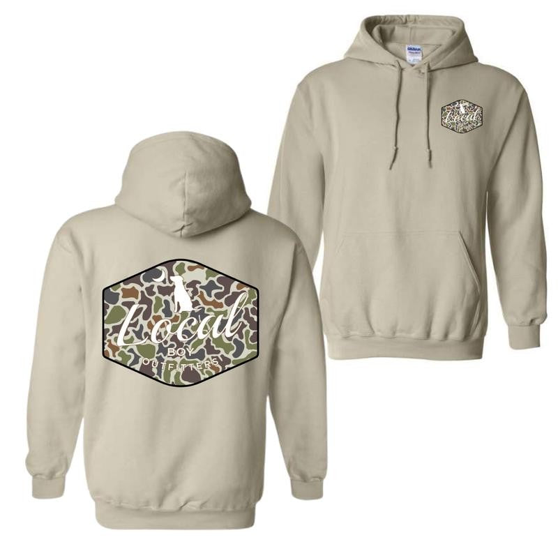 Local Boy Outfitters Dog Camo Hoodie and T-shirt - Classic Camouflage Design with Minimalist Logo, Perfect for Outdoor Adventures and Casual Wear, For Men For Women
