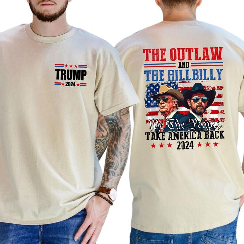 Trump Shirt, Trump Vance 24 The Outlaw and The Hillbilly Take America Back T-Shirt, Classic Cotton Top, Soft Fabric Shortsleeve Shirt