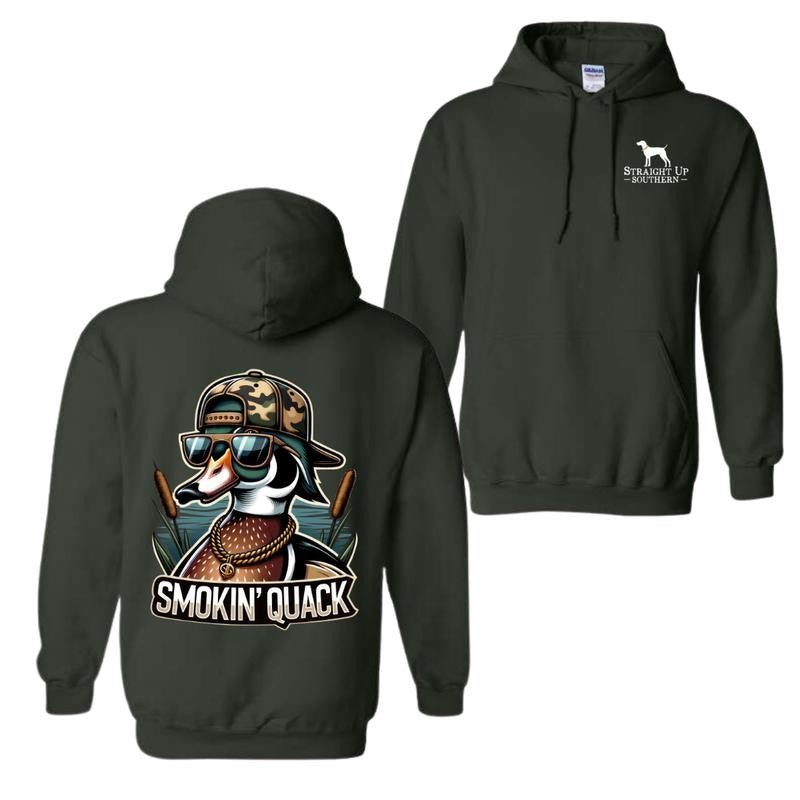 Smokin' Quack Hoodie and T-shirt - Sand design featuring a playful duck in sunglasses and a camo hat, unisex hoodies for man and women