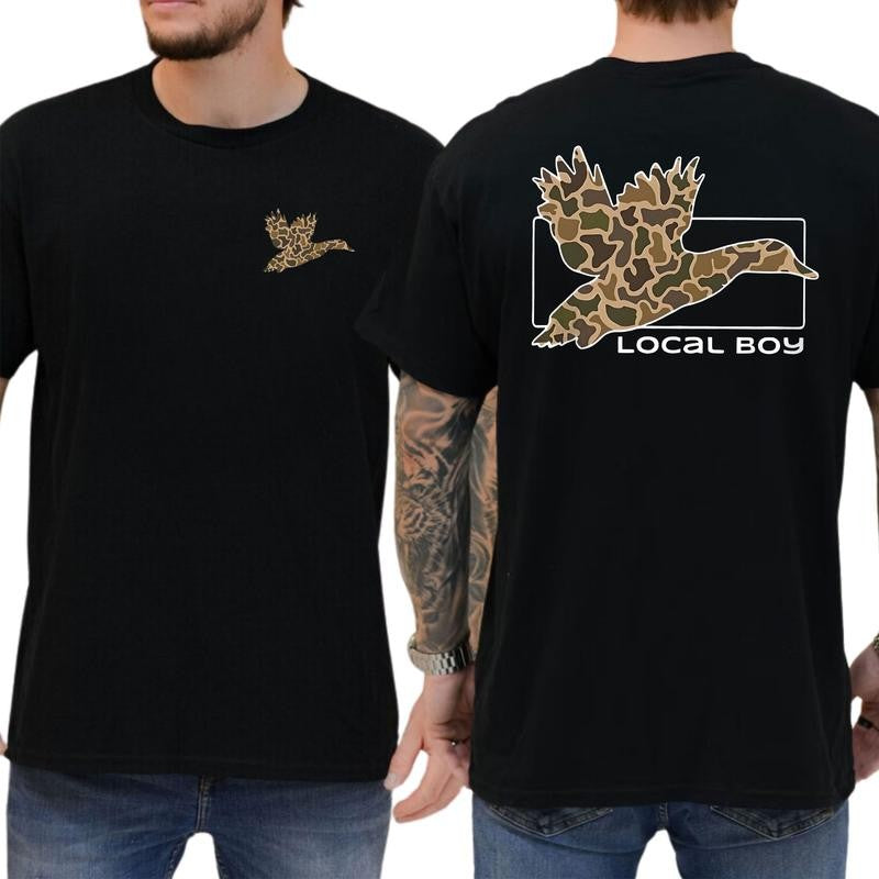 Camo Duck Hunting Shirt, Old School Camo T-Shirt Unisex 2 Sided, Casual Menswear, Classic Cotton Top, Soft Fabric Shortsleeve Shirt