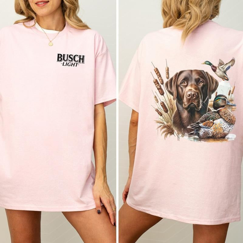 Busch Light Dog and Duck Graphic 2-Sided Shirt, Vintage Mallard Hunting Tshirt, Outdoors Dog Hunting Duck T-shirt, Cotton Fabric Casual Womenswear