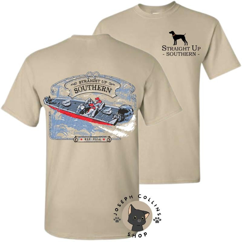 Red & Blue Bass Boat T-Shirt - by Straight Up Southern - Summer Outfits, Regular Fit Short Sleeve Crew Neck T-Shirt for Men, Casual Comfy Knitting Top for Summer