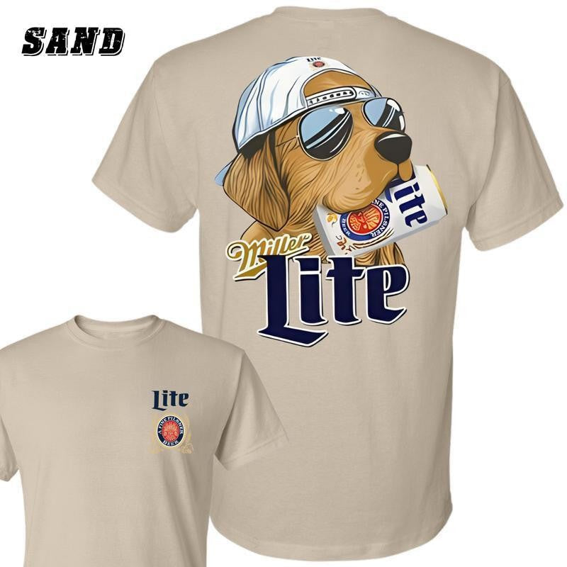 Miller Lite Dog 2-Sided T-shirt - Tee With Cool Dog And Beer Can Graphic , Perfect For Beer Lovers, Unisex T-Shirt, Cotton, Casual Graphic Round Neck T-shirt for Summer, Fashion Men's Top for Daily Wear