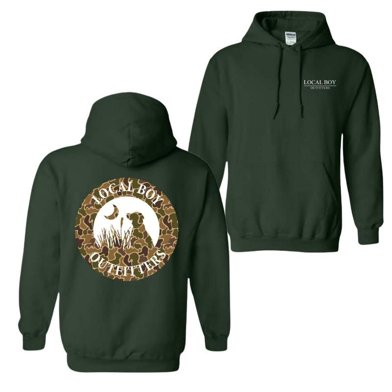 Local Boy Outfitters Hoodie - Classic Camouflage Dog Design Featuring Moon Graphics, Perfect for Outdoor Enthusiasts and Dog Lovers, For Men For Women