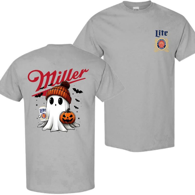 Miler Lite Ghost Cute Pumpkin Halloween 2sides T-Shirt, Beer Shirt, High-Quality Printing, All Seasons, Casual Fitted, For Men And Women
