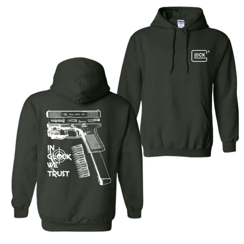 In GLock We Trust Hoodie, Glock Hoodie, Full Color 2 Sided, Men's and Women's Classic Fit Long Sleeve Hoodie