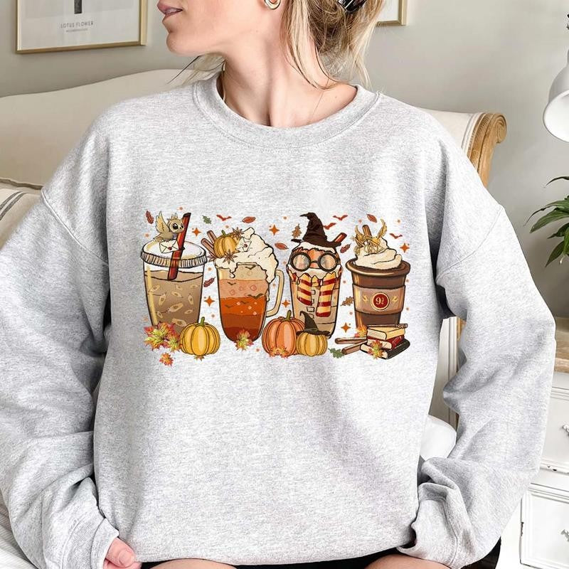Harry Fall Coffee Halloween Shirt, HP Wizard Drink Cups Sweatshirt, Pumpkin Spice Latte, Wizard House, Hogwarts School, Harry Magic, Family Halloween Party, Autumn Vibes Sweatshirt, Hoodie