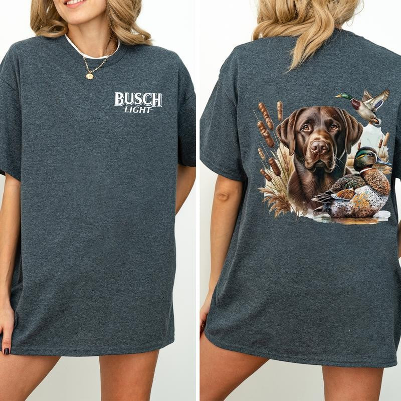 Busch Light Dog Hunting Duck 2-Sided Graphic Shirt, Mallard Hunting Shirt for Men, Dog Hunt Tee, Soft Cotton Fabric Tshirt, Classic Casual Womenswear
