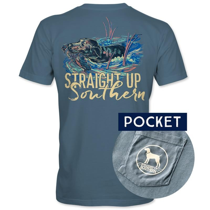 Swimming Lab - Black Lab Retrieving Mallard in the Marsh Pocket Tee - Blue