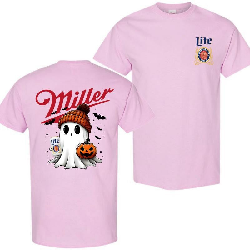 Miler Lite Ghost Cute Pumpkin Halloween 2sides T-Shirt, Beer Shirt, High-Quality Printing, All Seasons, Casual Fitted, For Men And Women