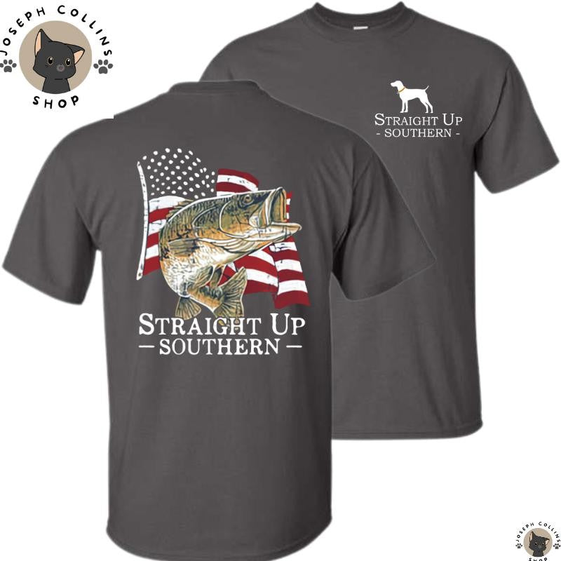 Bass American Flag - Men's Short Sleeve T-Shirt - by Straight Up Southern - Summer Outfits, Regular Fit Short Sleeve Crew Neck T-Shirt for Men, Casual Comfy Knitting Top for Summer
