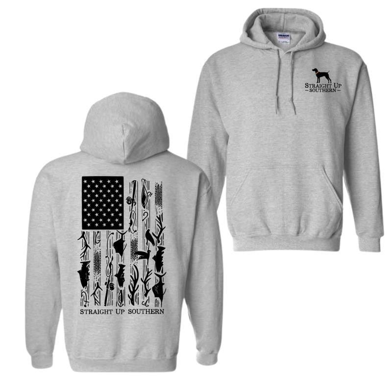 Straight Up Southern Hoodie, American Flag with Hunting and Fishing Icons Hoodie, Unisex Hoodie