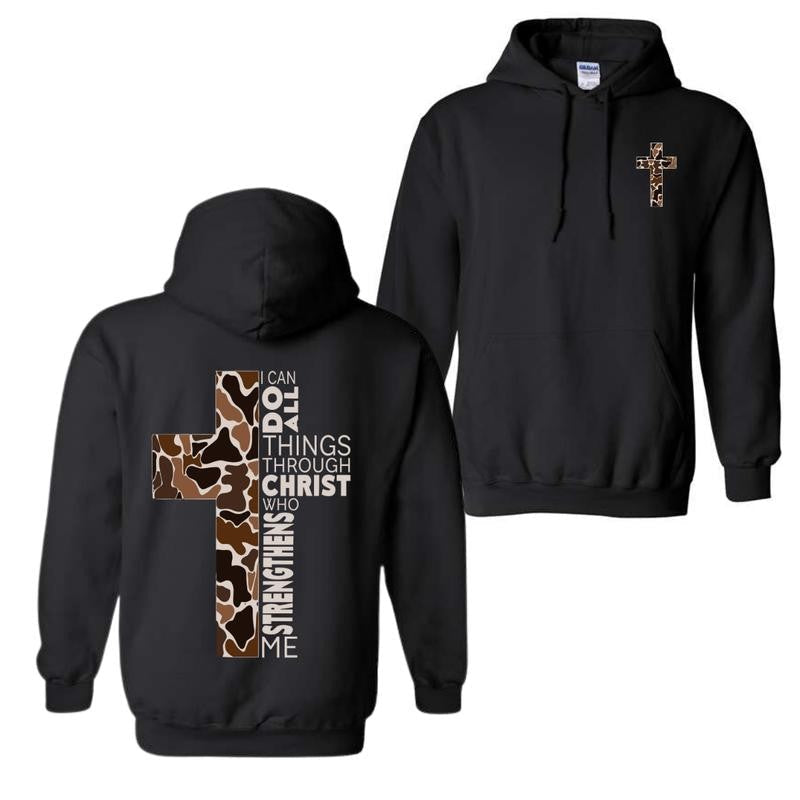 Christian Hoodie - Camo Cross Design with Philippians 4:13 Verse, Perfect for Faithful Believers and Outdoorsmen, Cozy Hoodie for Everyday Comfort