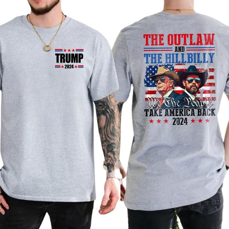 Trump Shirt, Trump Vance 24 The Outlaw and The Hillbilly Take America Back T-Shirt, Classic Cotton Top, Soft Fabric Shortsleeve Shirt