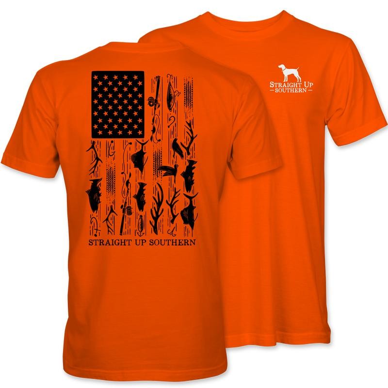 Hunt Fish Flag - American Flag with Hunting and Fishing Icons on Safety Orange T-Shirt