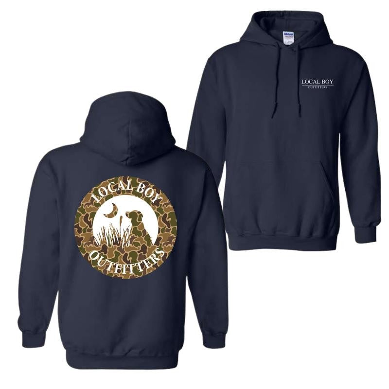 Local Boy Outfitters Hoodie - Classic Camouflage Dog Design Featuring Moon Graphics, Perfect for Outdoor Enthusiasts and Dog Lovers, For Men For Women