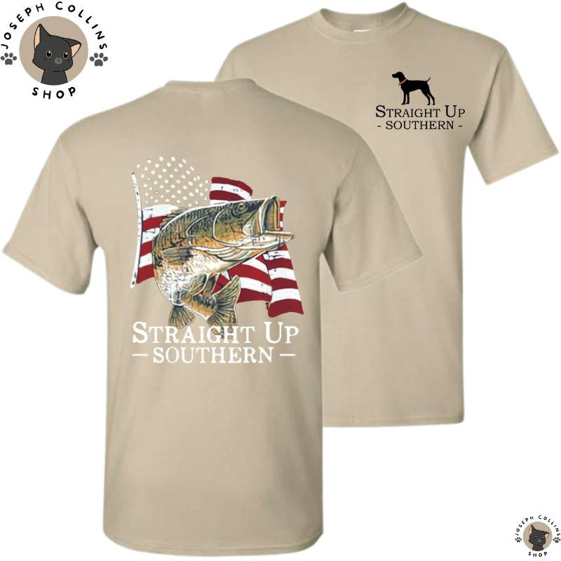 Bass American Flag - Men's Short Sleeve T-Shirt - by Straight Up Southern - Summer Outfits, Regular Fit Short Sleeve Crew Neck T-Shirt for Men, Casual Comfy Knitting Top for Summer