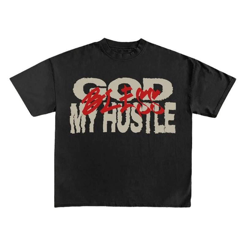 God Bless My Hustle Print Short Sleeve T-Shirt Fabric Menswear Top Man Tshirt Streetwear Crewneck Shortsleeve Casual