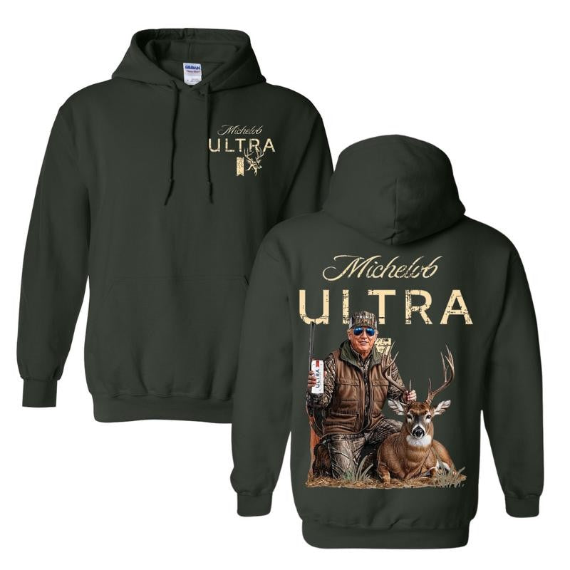 Hunting Trump Michelob Ultra Hoodie T-Shirt Sweatshirt Full Color, Trump Hunter Front Deer Print & Bold Back Hunting Scene Sweater Beer Dink Lover Tee