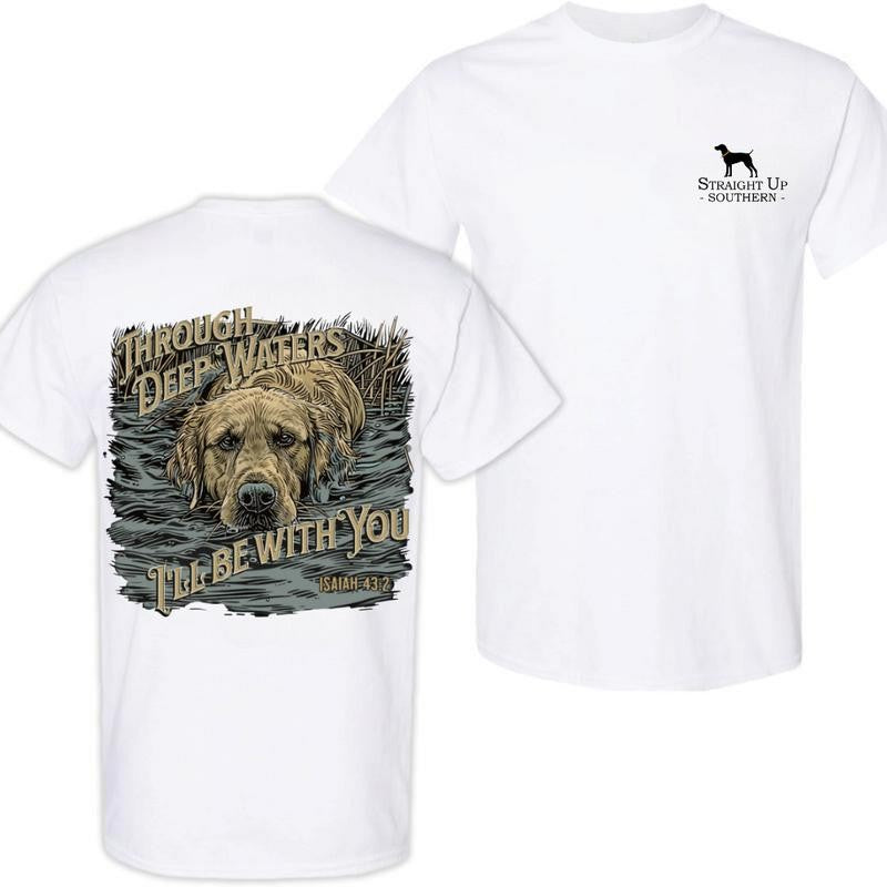 Through Deep Waters Scripture Shirt t-shirt- Hunting T-Shirt - Summer Outfits, Regular Fit Short Sleeve Crew Neck T-Shirt for Men, Casual Comfy Knitting Top for Summer