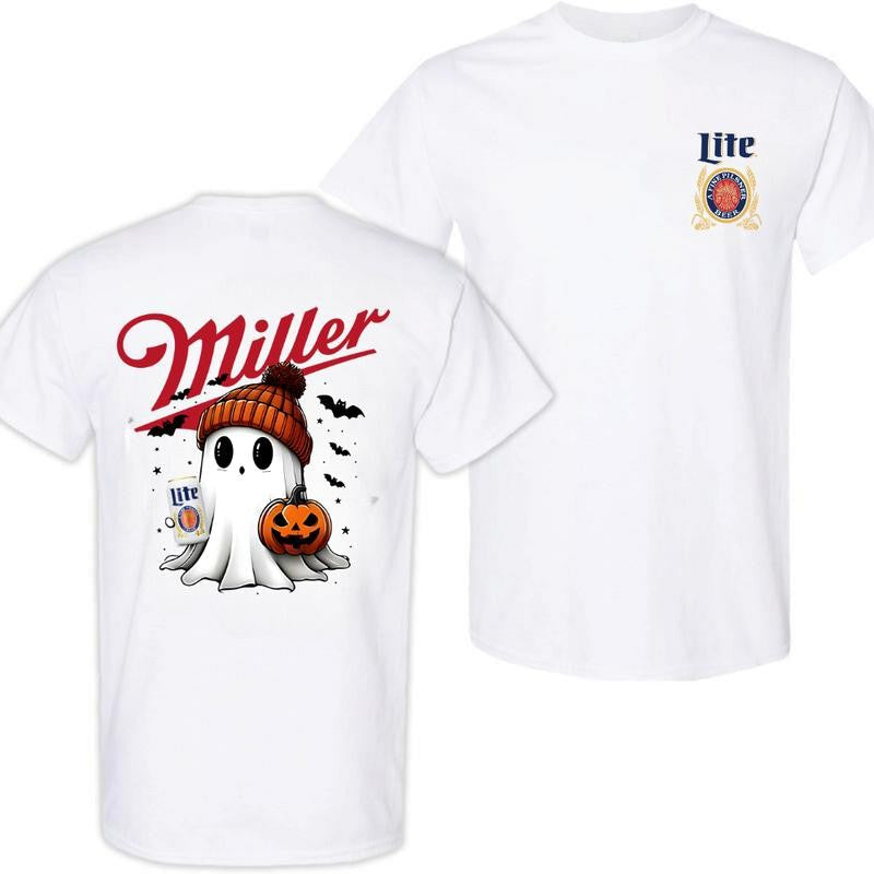 Miler Lite Ghost Cute Pumpkin Halloween 2sides T-Shirt, Beer Shirt, High-Quality Printing, All Seasons, Casual Fitted, For Men And Women