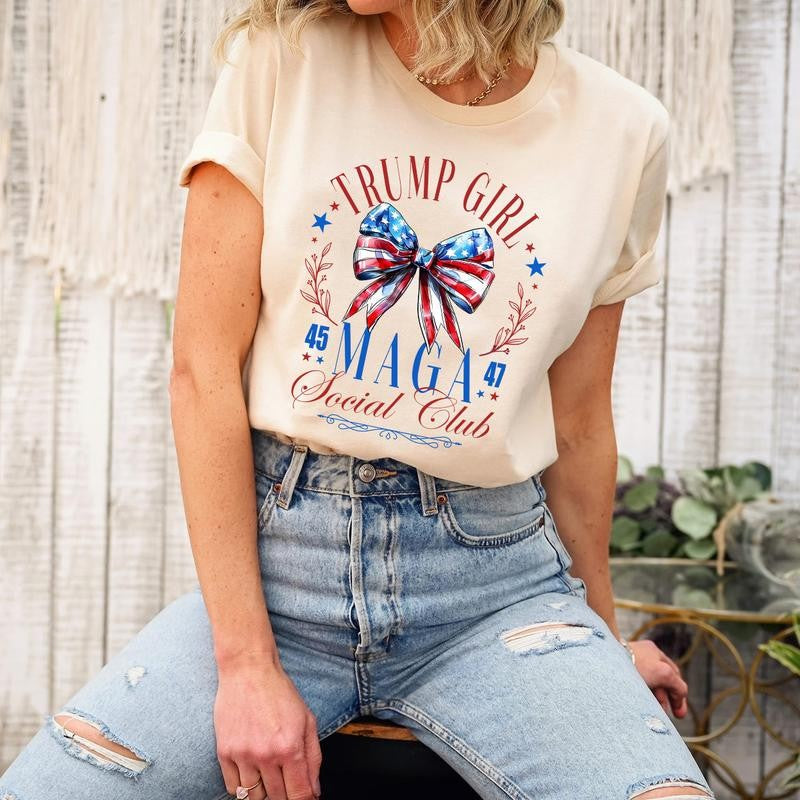 Trump Shirt 2024, Coquette Trump Social Club Shirt, Election Shirt 2024, Trump Girlie Bow Flag Tee, Maga Vote 2024 Crewneck Cotton Fabric Top