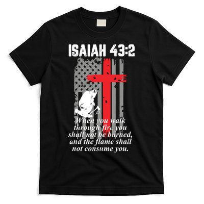 Thin Red Line Firefighter Cross Bible Verse American Flag T-Shirt